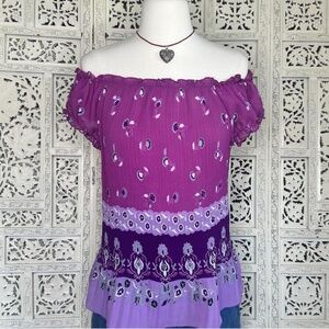 New Directions Purple Crinkle Off The‎ Shoulder Sheer Blouse Sz Large